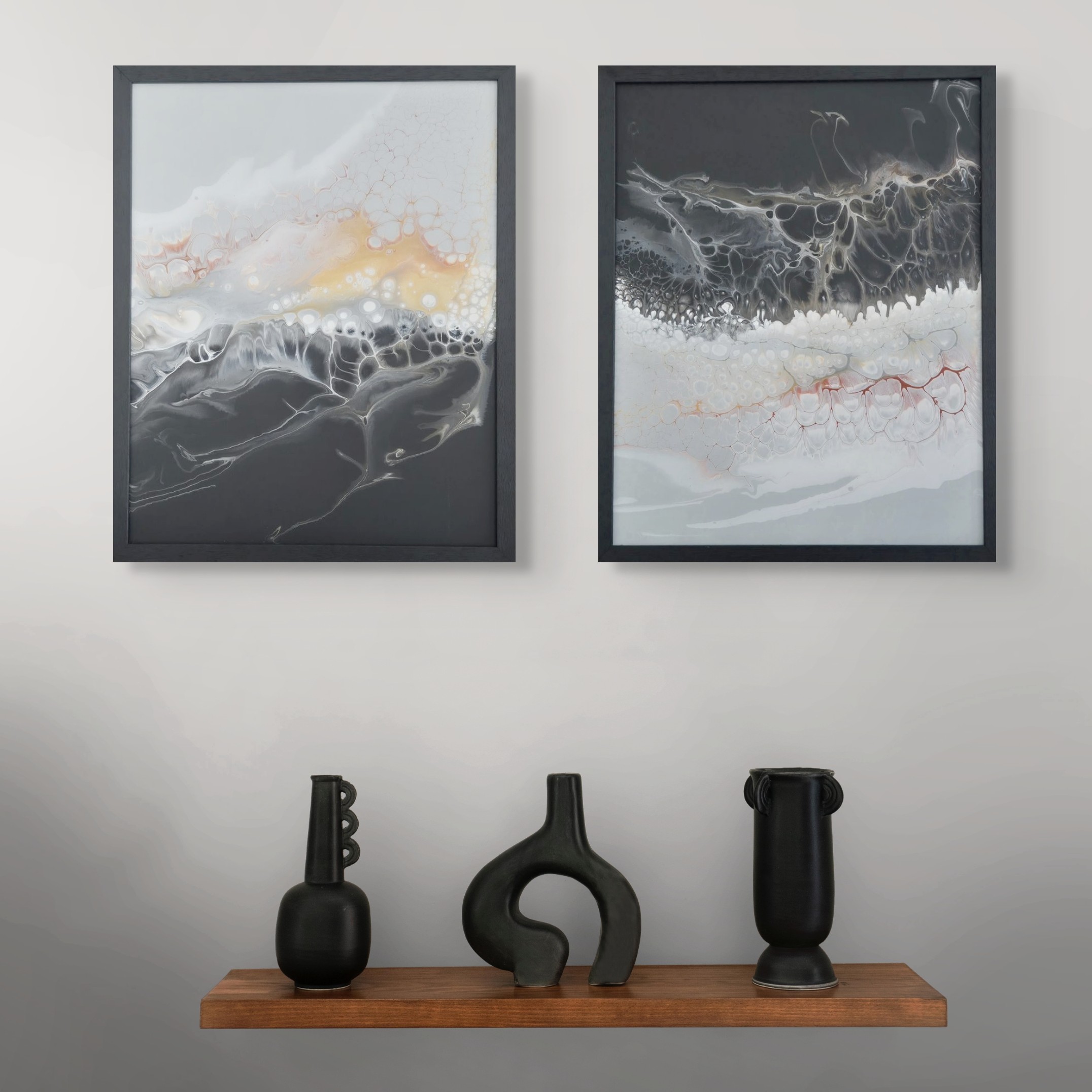 Fluid art piece, moody tides diptych